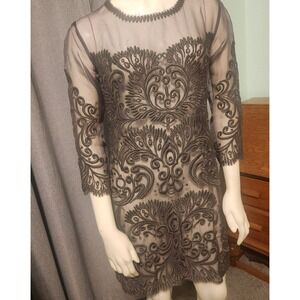 Yoana Basaschi 100% Silk Sheer Mesh Overlay Sheath Dress Sz 2/4 Brown Embroidery